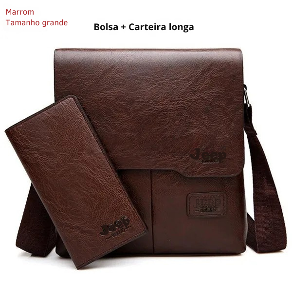 Bolsa Masculina JEEP BULUO - Kit 2 Peças, Bolsa de Ombro e Transversal em Couro PU, Ideal para Negócios e Casual