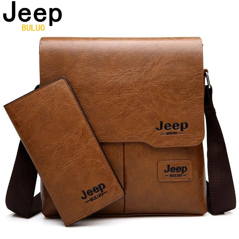 Bolsa Masculina JEEP BULUO - Kit 2 Peças, Bolsa de Ombro e Transversal em Couro PU, Ideal para Negócios e Casual