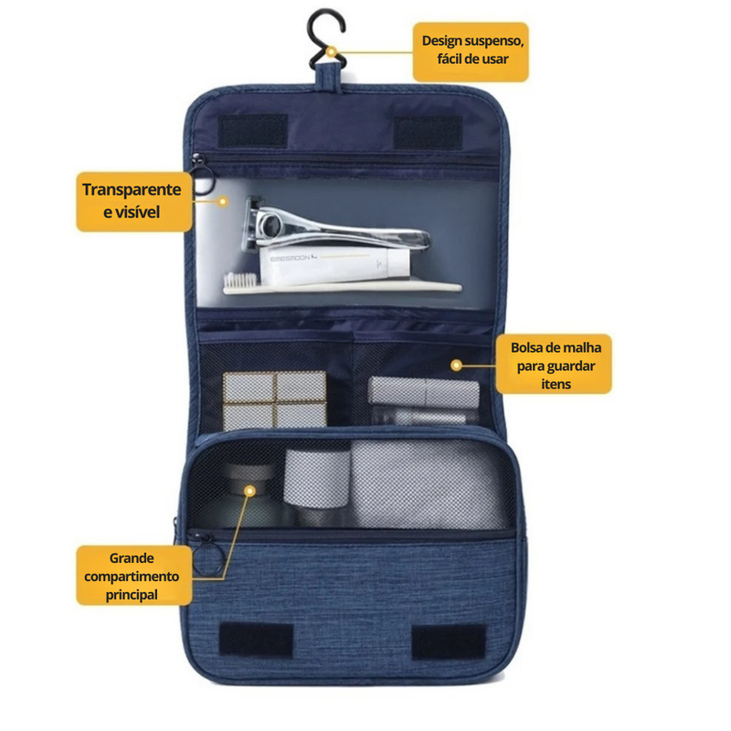 Necessaire de Viagem Portátil com Gancho Suspenso – Organizador Impermeável para Cosméticos e Higiene, Grande Capacidade para Homens e Mulheres